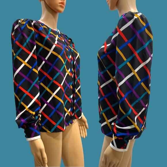 80s 90s Albert Nipon Colorful Grid Pattern Blouse | Pleat Front | XS - Picture 6 of 9